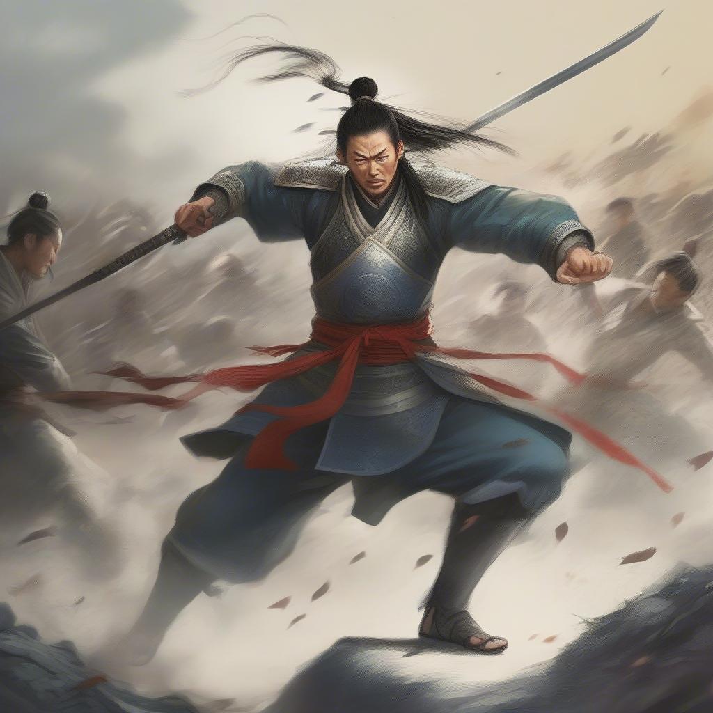 Ngụy Diên dũng cảm chiến đấu trên chiến trường, thể hiện sự kiên cường và gan dạ.