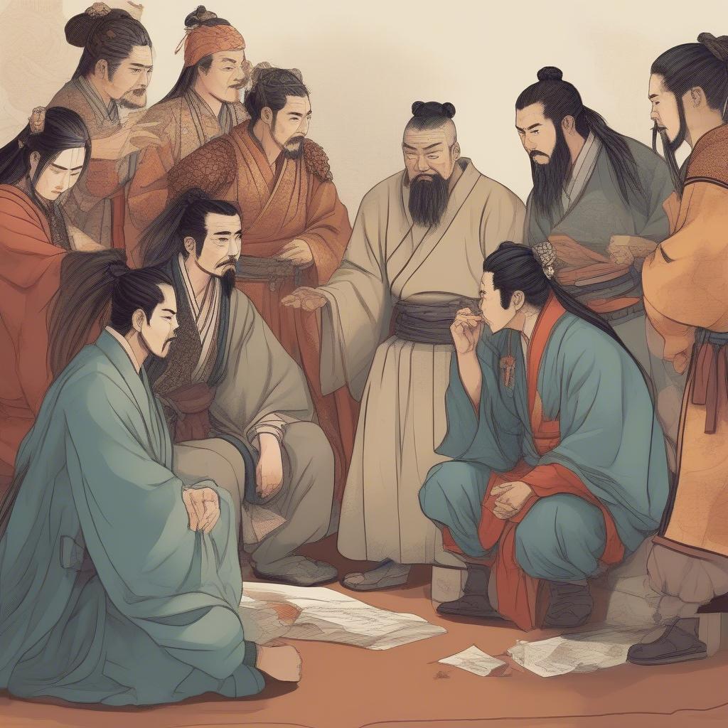 Một nhóm người đang thảo luận và phân tích những câu nói nổi tiếng của các nhân vật trong Tam Quốc