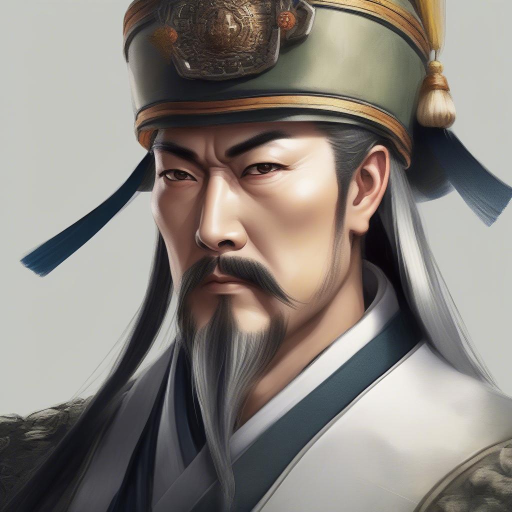 Gia Cát Đản trong trang phục tướng quân, khuôn mặt thể hiện sự kiên định và quyết đoán, chuẩn bị cho trận chiến.