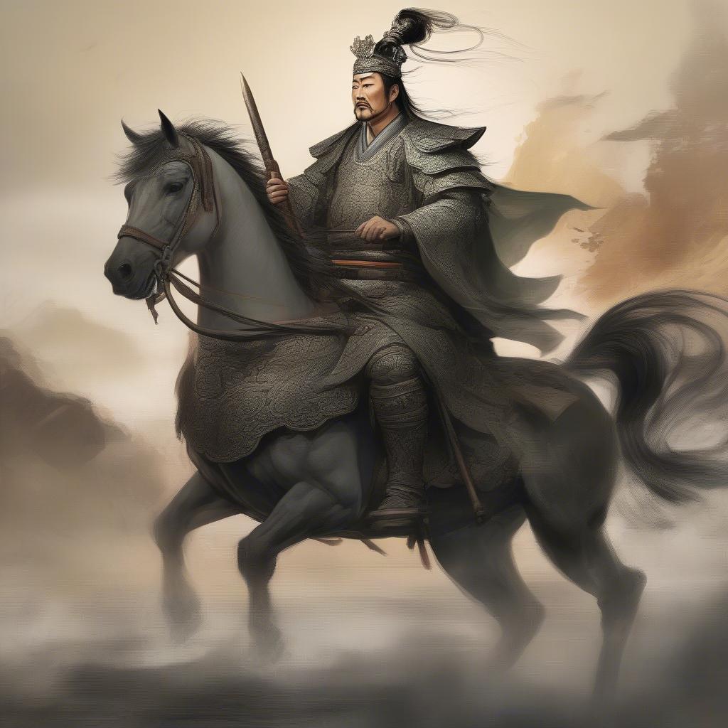 Gia Cát Đản oai phong cưỡi ngựa, tay cầm trường thương, thể hiện khí thế của một mãnh tướng thời Tam Quốc.