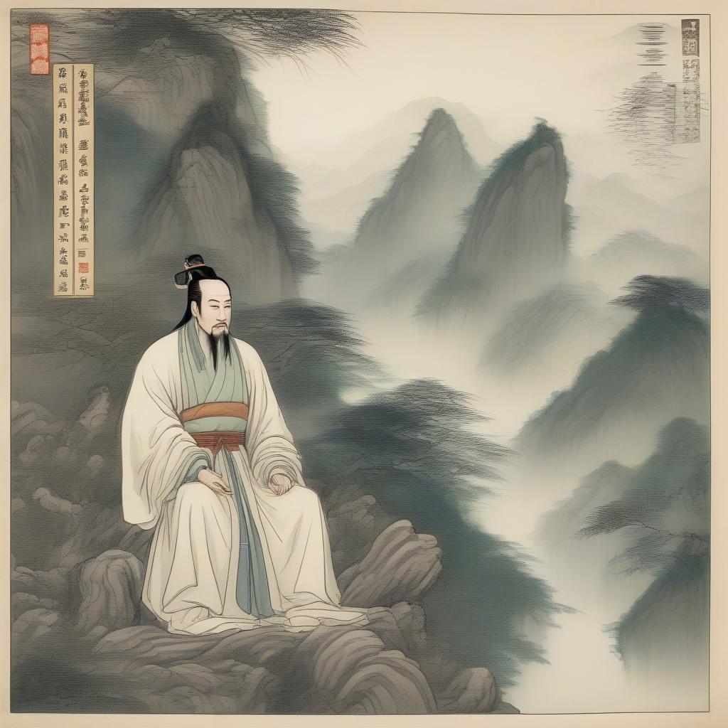 Gia Cát Lượng ẩn cư tại Long Trung, một khung cảnh thiên nhiên hùng vĩ, nơi ông ngày đêm suy nghĩ về thời cuộc