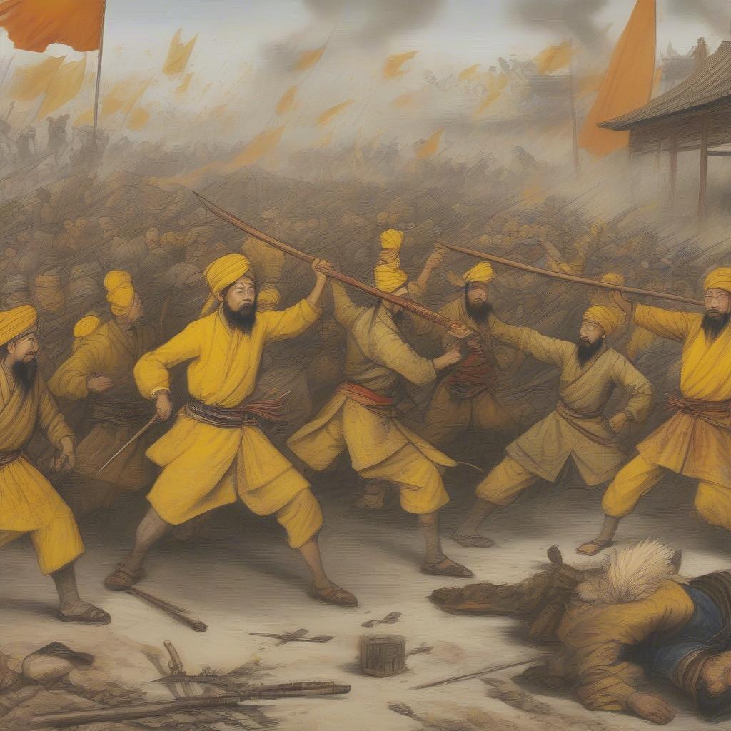 Khung cảnh hỗn loạn của cuộc khởi nghĩa khăn vàng với những người nông dân cầm vũ khí chiến đấu