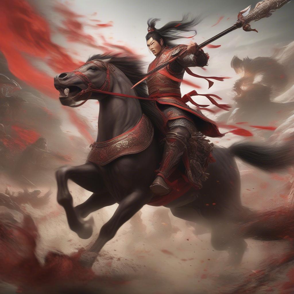 Lữ Bố dũng tướng tam quốc cưỡi ngựa Xích Thố cầm phương thiên họa kích