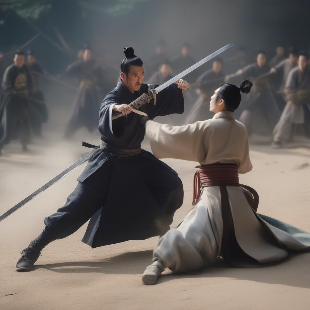 Mã Đại chém Ngụy Diên trong một trận đánh với thanh đao đang vung lên.