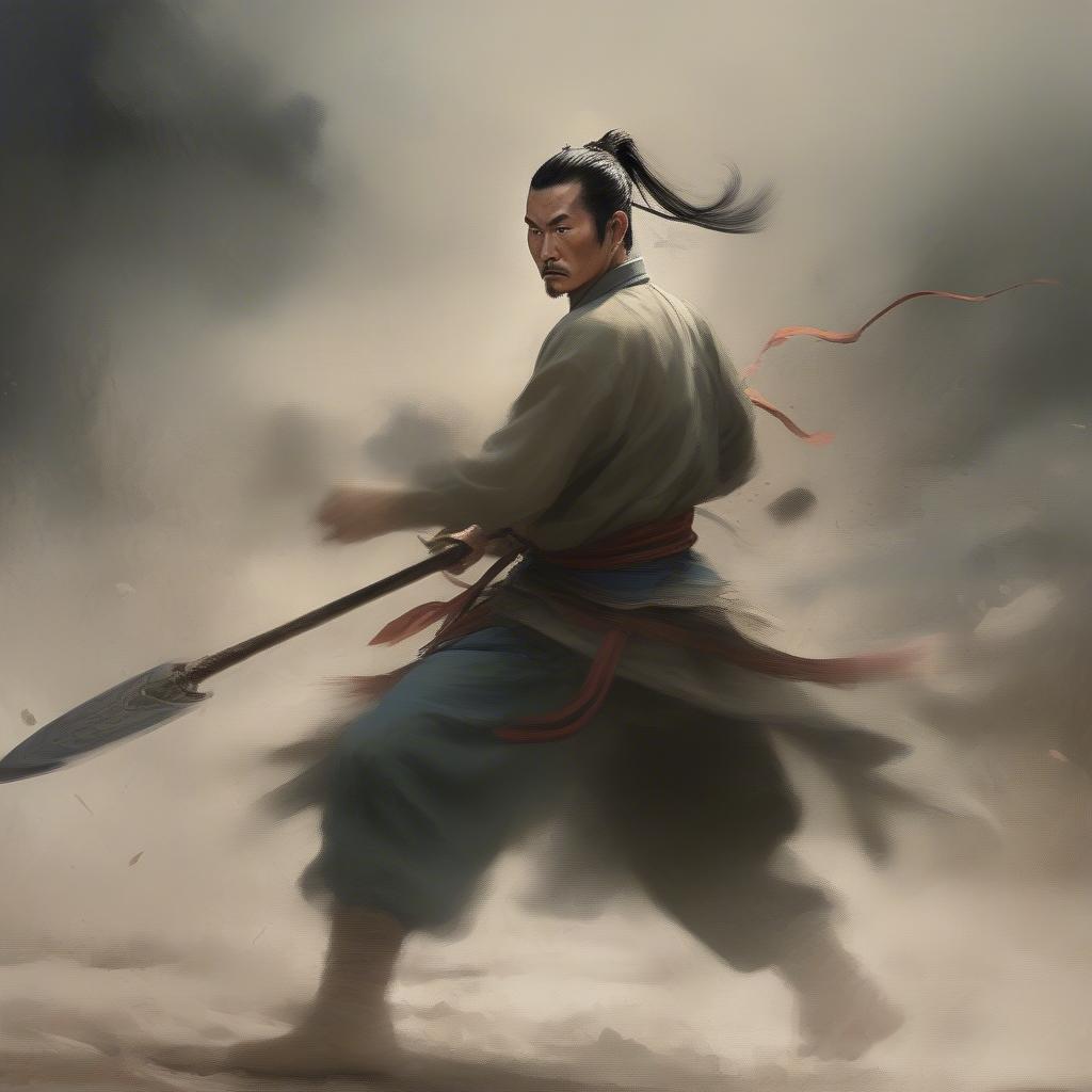 Mã Đại trên chiến trường với phong thái dũng mãnh, tay cầm thương và lao về phía trước.