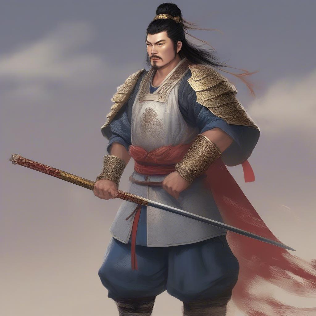 Mã Đại trong Tam Quốc Diễn Nghĩa với trang phục oai phong, tay cầm trường thương.