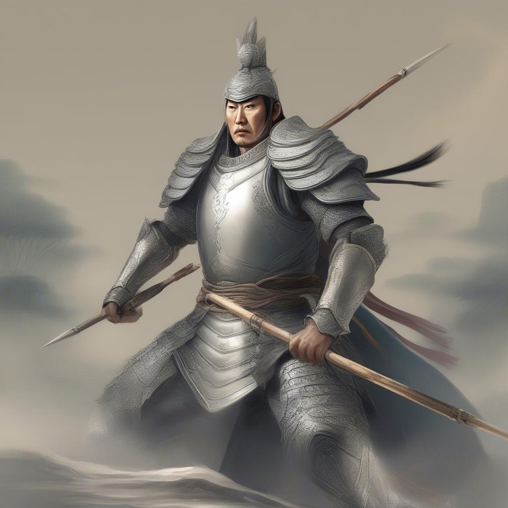 Mã Siêu, mãnh tướng Tây Lương dũng mãnh với áo giáp bạc, tay cầm trường thương, trên lưng đeo cung tên