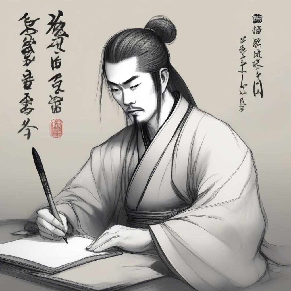 Tào Phi đang sáng tác thơ, một hình ảnh thể hiện tài năng văn chương của ông.